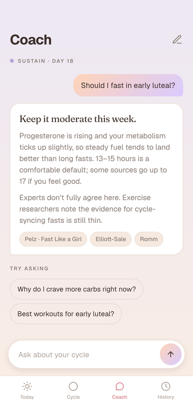 Phasely AI coach answering a question about fasting in the early luteal phase, with cited sources